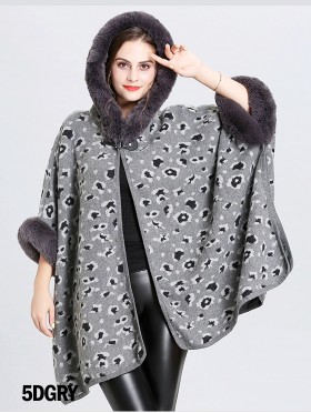 Soft Leopard Print Cape W/ Fur Detailing